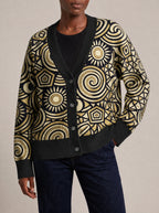"Sahara" Knitted Cardigan — close view of the V-neck, buttons and ribbed trims