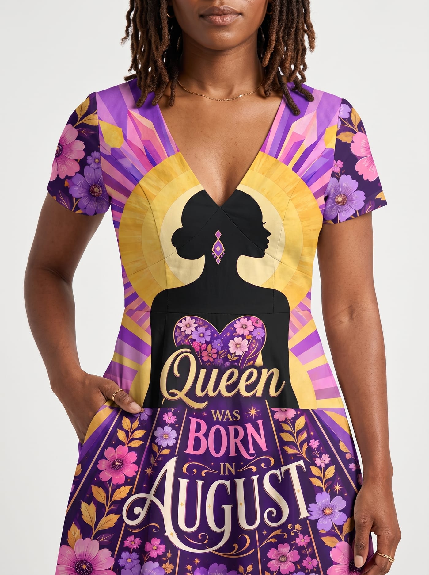 "August Queen Purple Bloom" Short Sleeve Maxi Dress