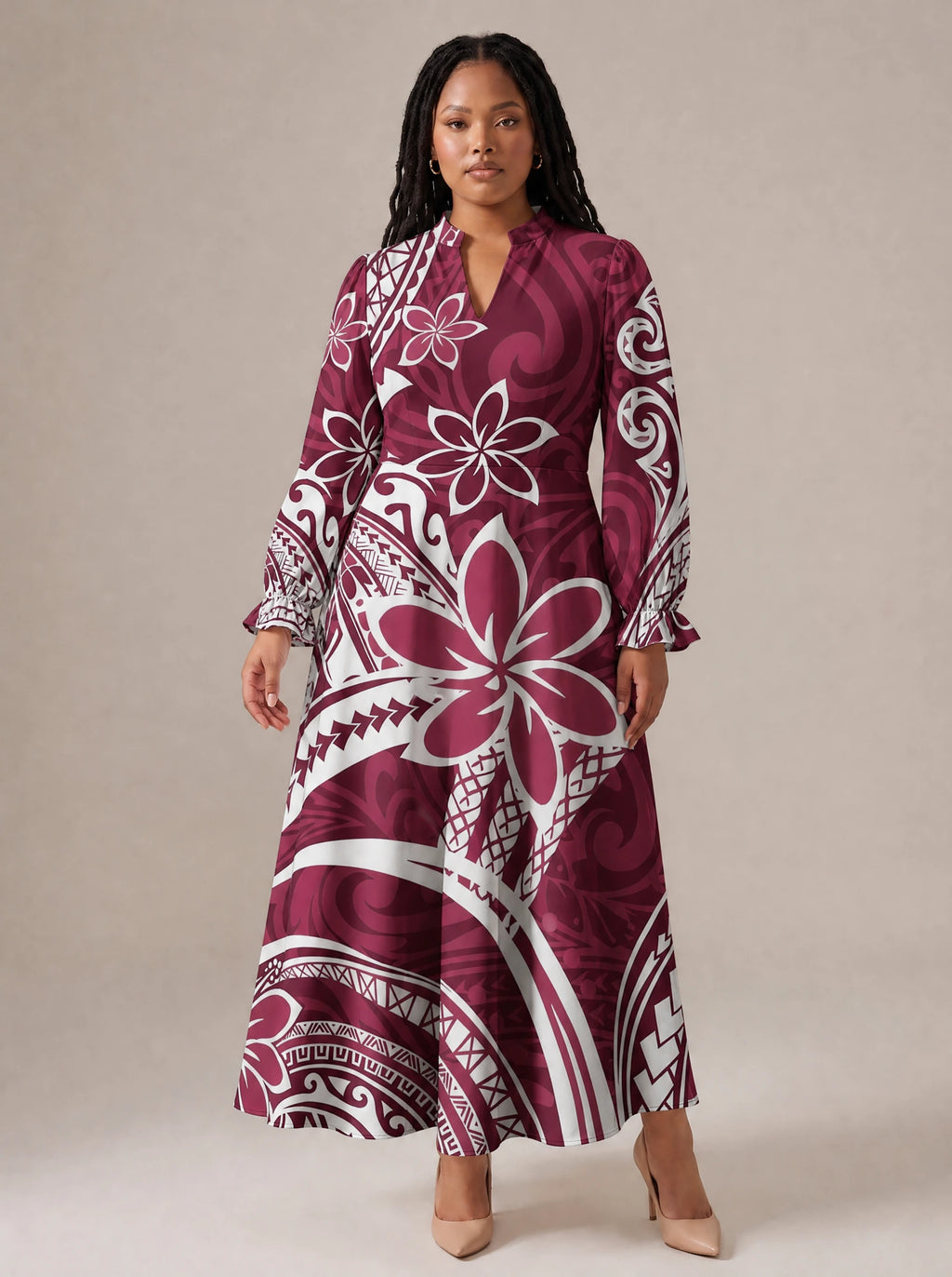 "Lehua" Long Puff Sleeve Dress — standing, angled view on model