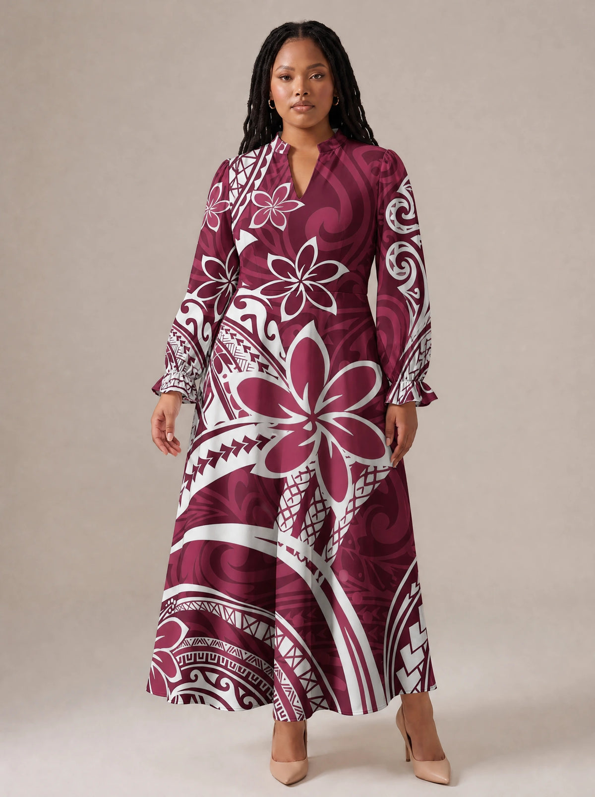 "Lehua" Long Puff Sleeve Dress — standing, angled view on model