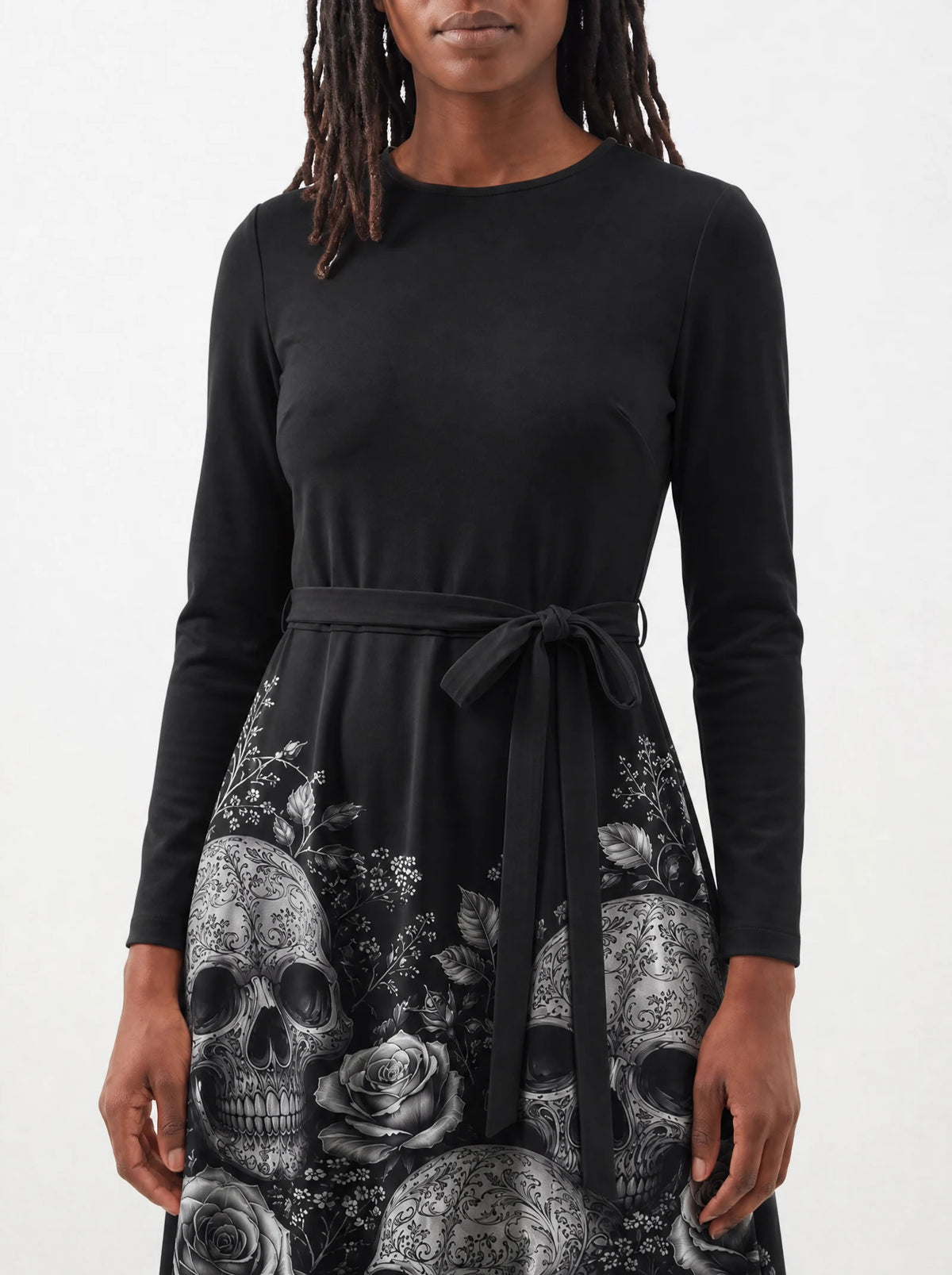 "Mizimu" Long Sleeve Midaxi Dress — standing, angled view on model