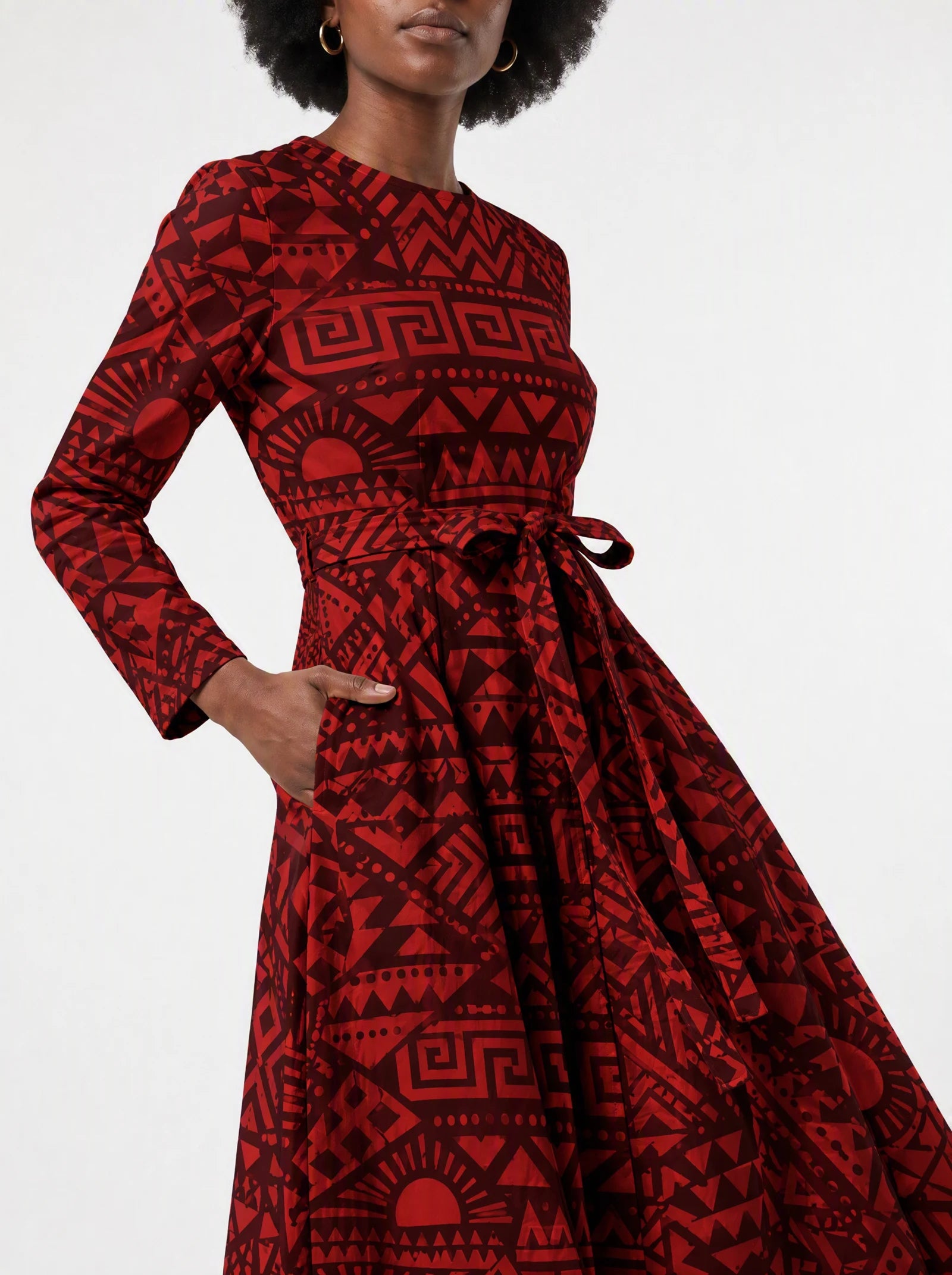 "Shaka" Viscose Midi Dress — close-up of the tie sash and the in-seam side pocket