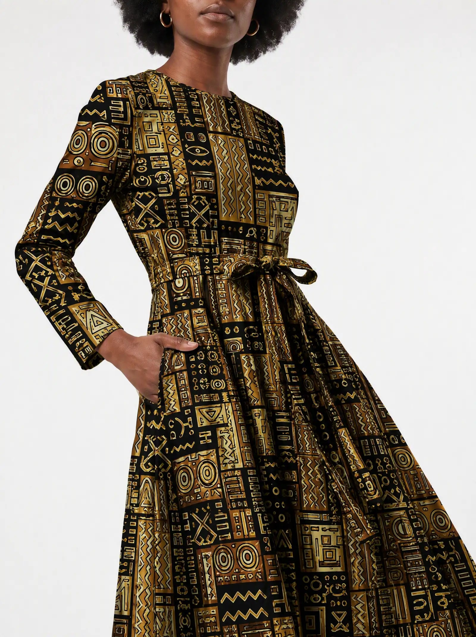 "Sankofa" Viscose Midi Dress — close-up of the tie sash and the in-seam side pocket