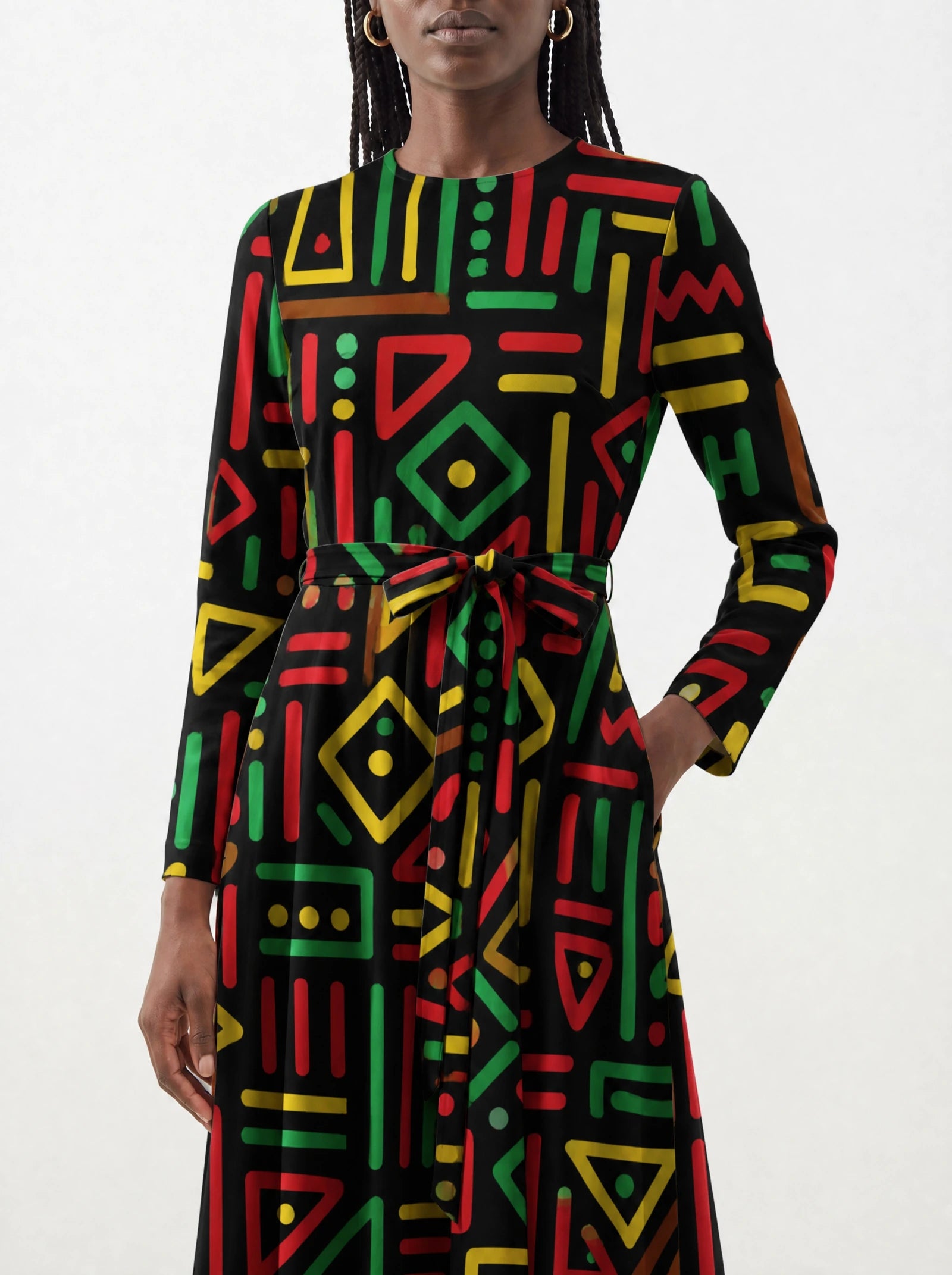"Nairobi" Viscose Midi Dress — close-up of the tie sash and the in-seam side pocket