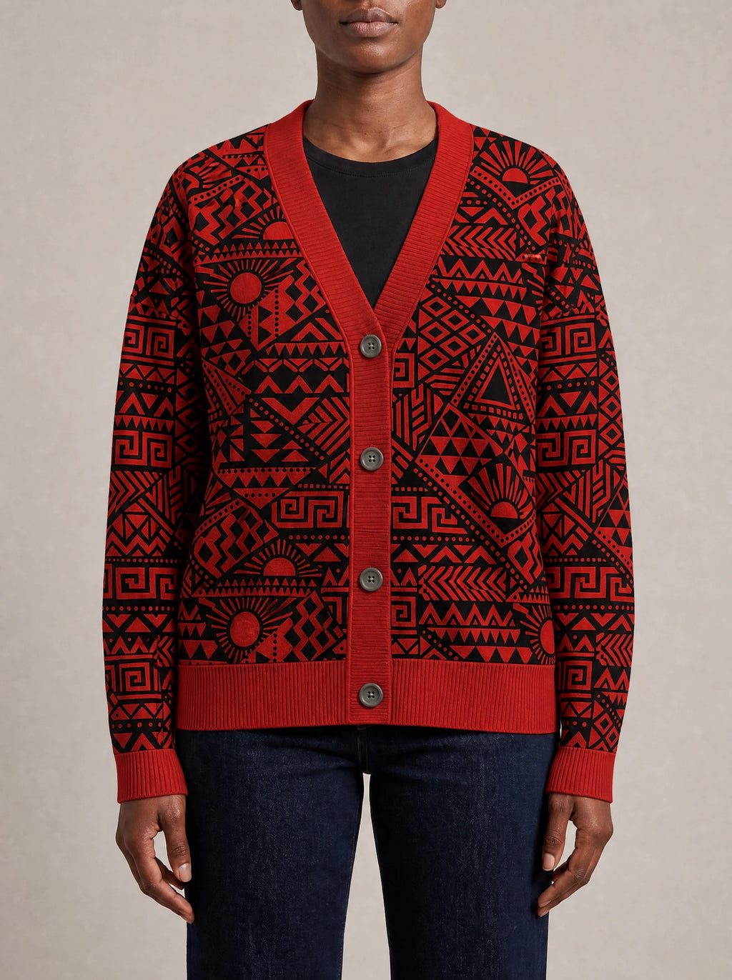 "Shaka" Burgundy Knitted Cardigan — close view of the V-neck, buttons and ribbed trims