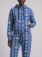 "Oshun" Royal Blue Hoodie & Jogger Set — close view of the pocket, hem band and jogger waistband