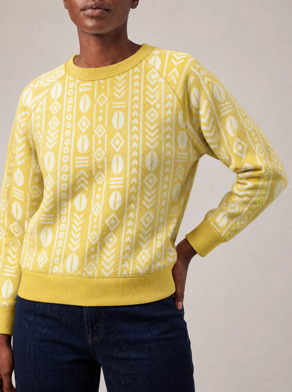 "Oshun Dhahabu" Sweatshirt — close view of the crew neck, raglan seams and ribbed trims