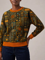 "Afrocentric Pattern" Sweatshirt — close view of the crew neck, raglan seams and ribbed trims