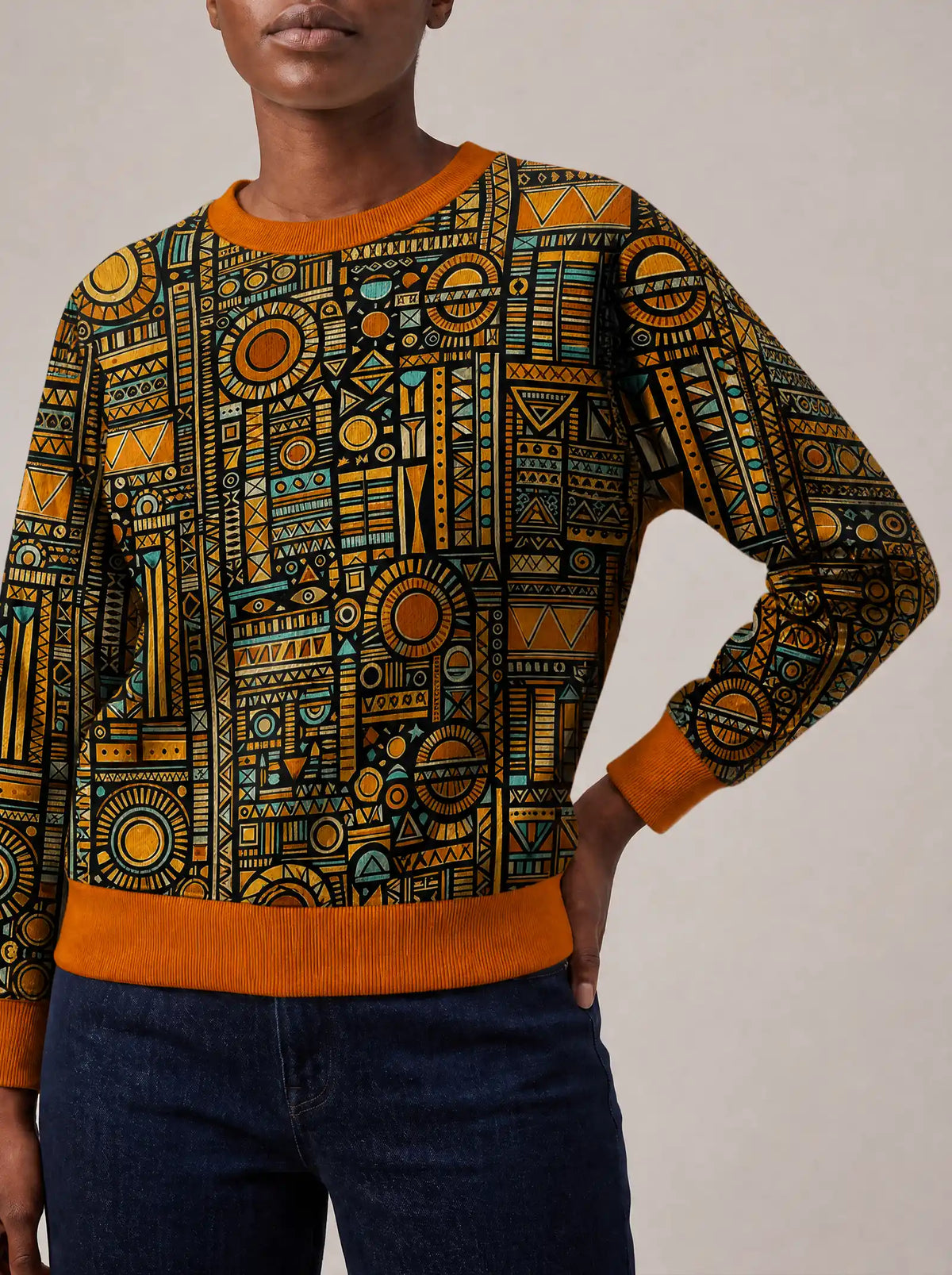 "Afrocentric Pattern" Sweatshirt — close view of the crew neck, raglan seams and ribbed trims