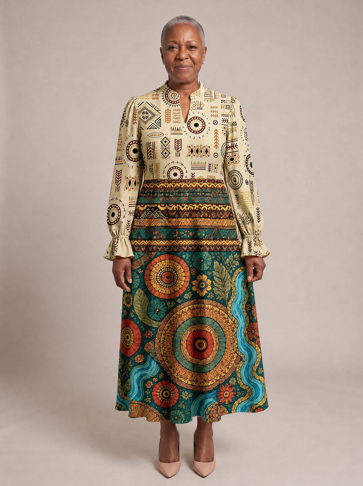 "Mto" Long Puff Sleeve Dress — standing, angled view on model