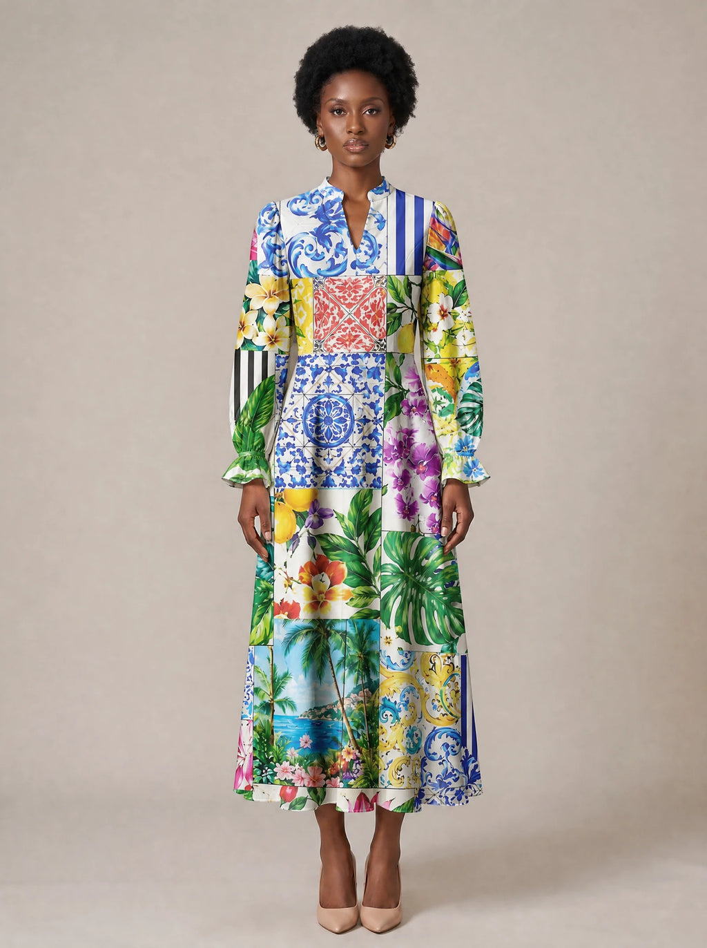 "Kisiwa" Long Puff Sleeve Dress — standing, angled view on model