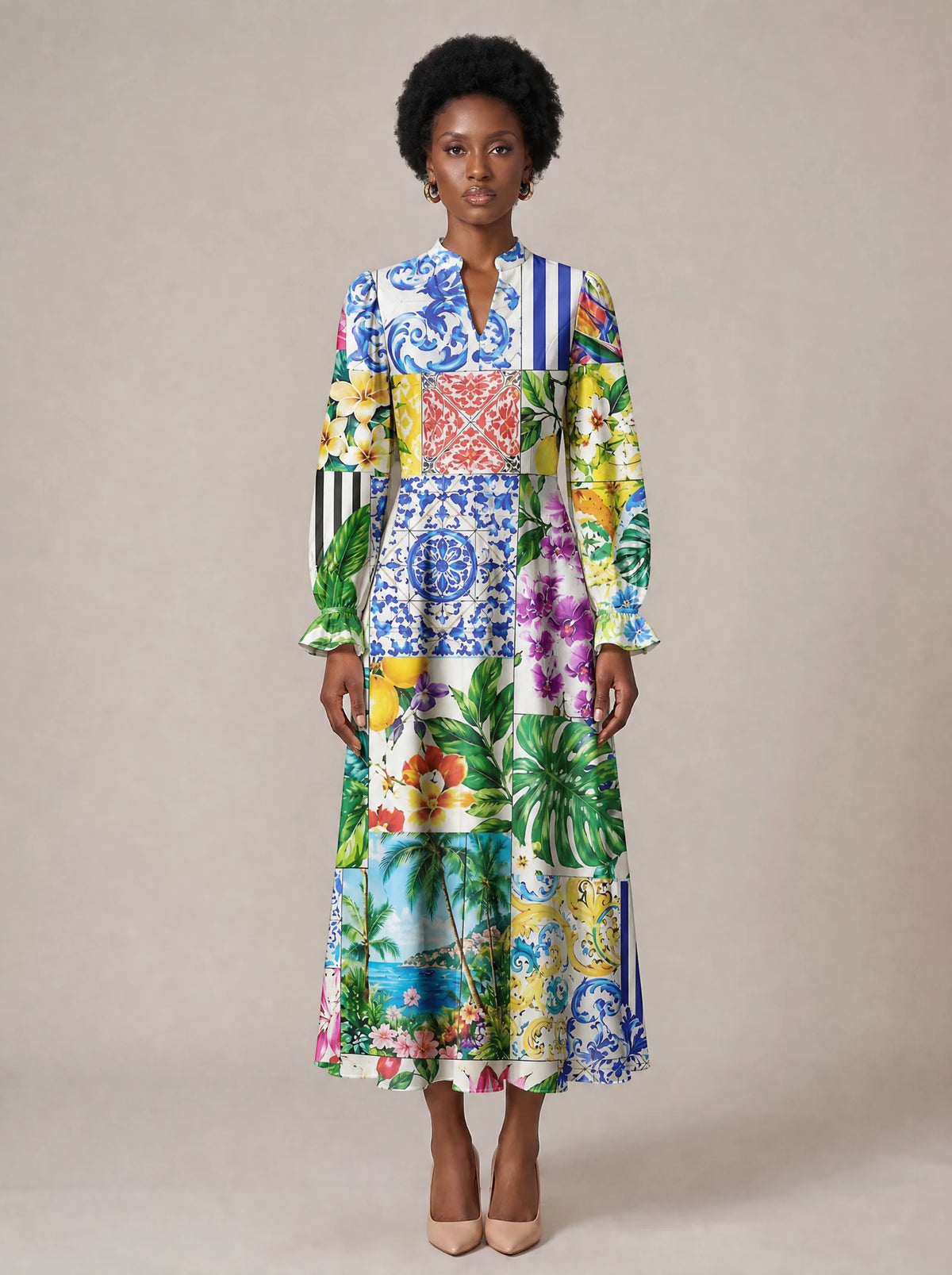 "Kisiwa" Long Puff Sleeve Dress — standing, angled view on model