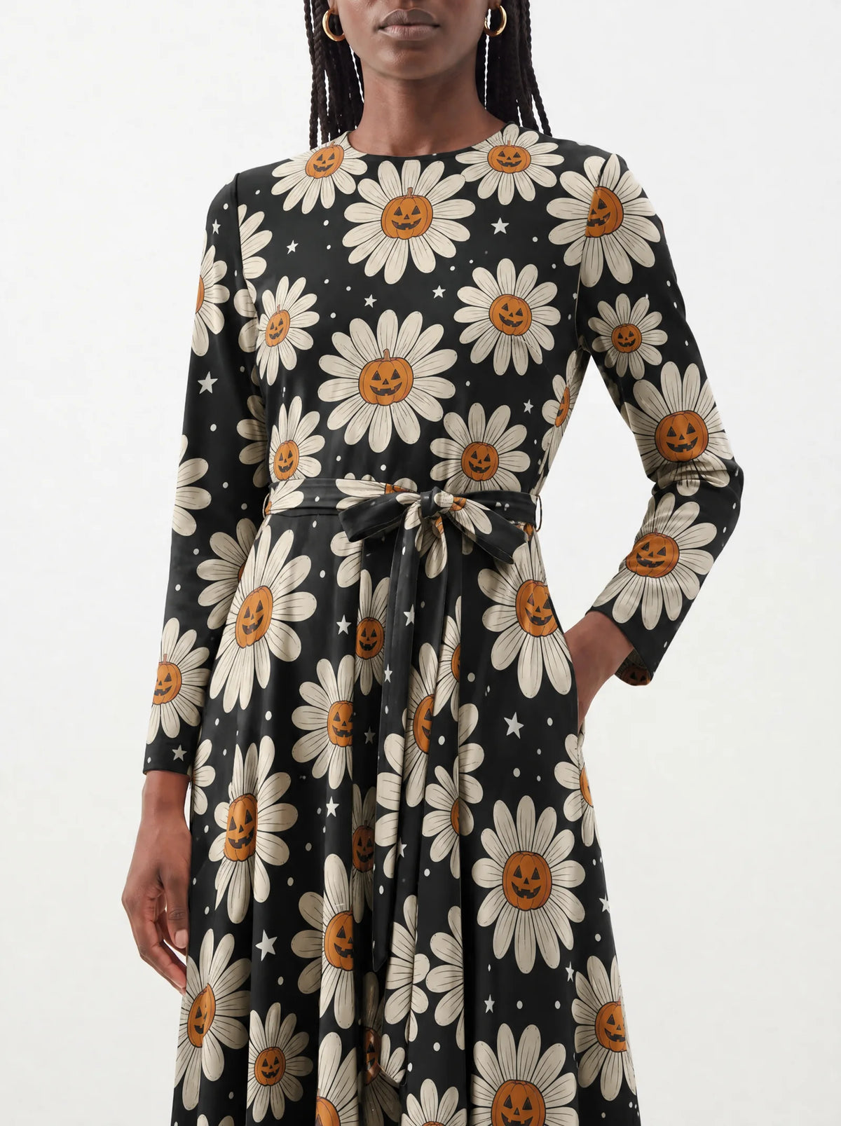 "Cheka" Halloween Long Sleeve Midaxi Dress — standing, angled view on model