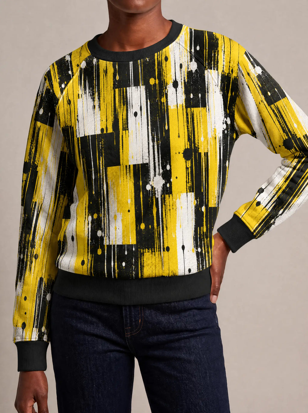 "Mvua" Sweatshirt — close view of the crew neck, raglan seams and ribbed trims
