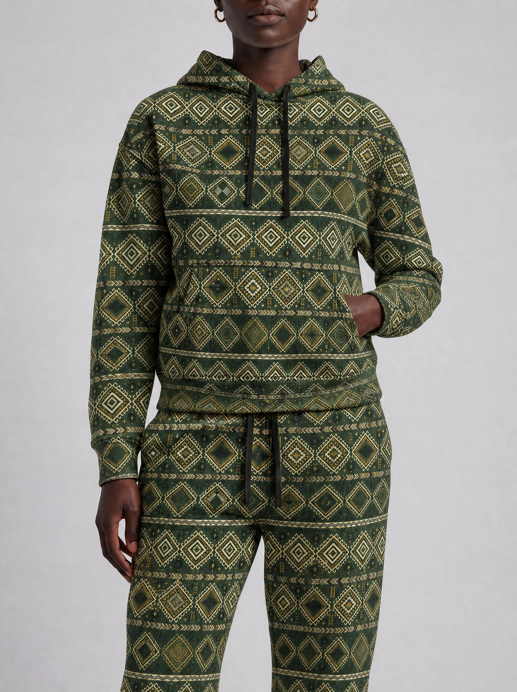 "Kilele" Forest Brass Hoodie & Jogger Set — close view of the pocket, hem band and jogger waistband