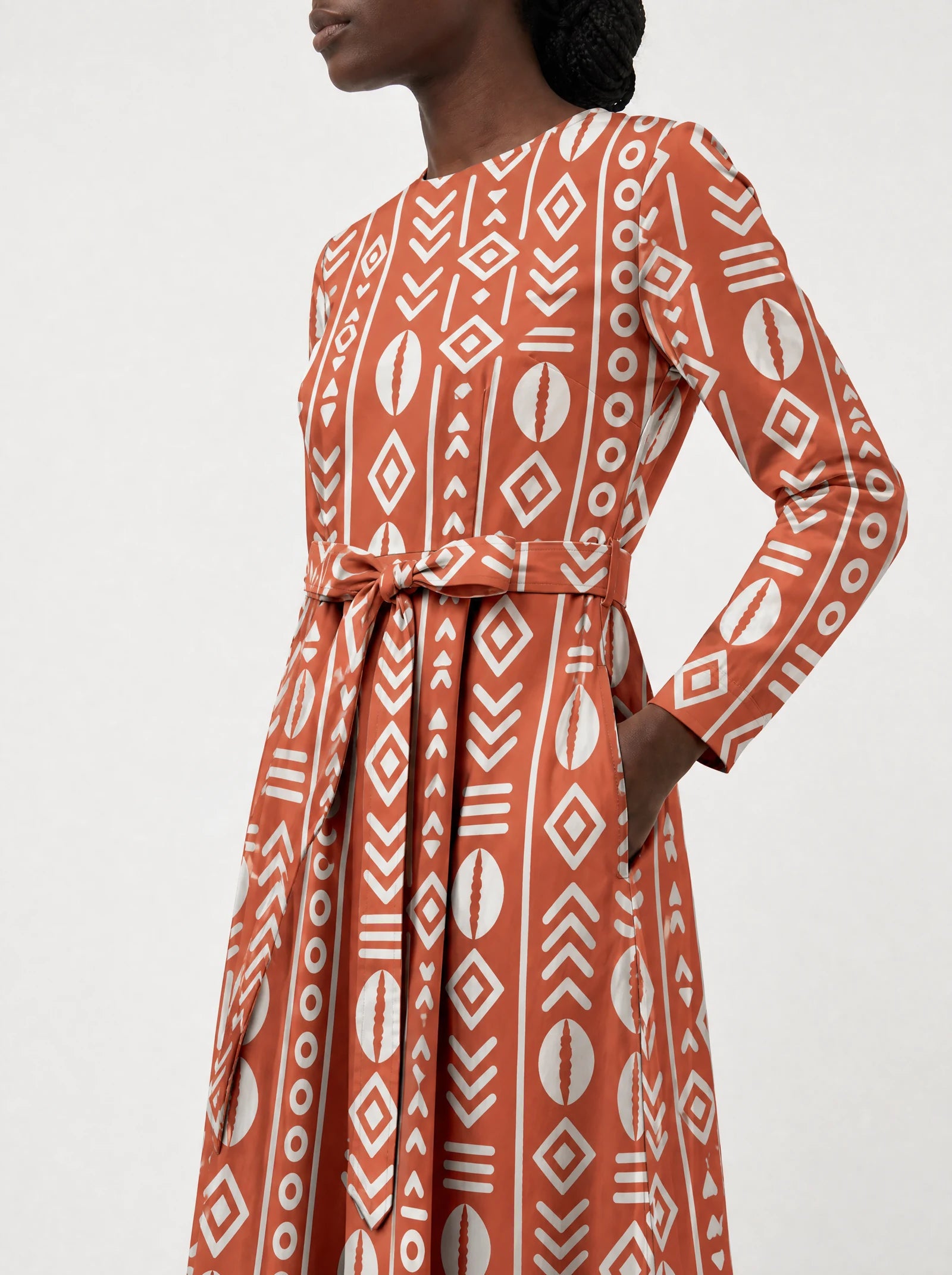 "Oshun Kijani" Viscose Midi Dress — close-up of the tie sash and the in-seam side pocket