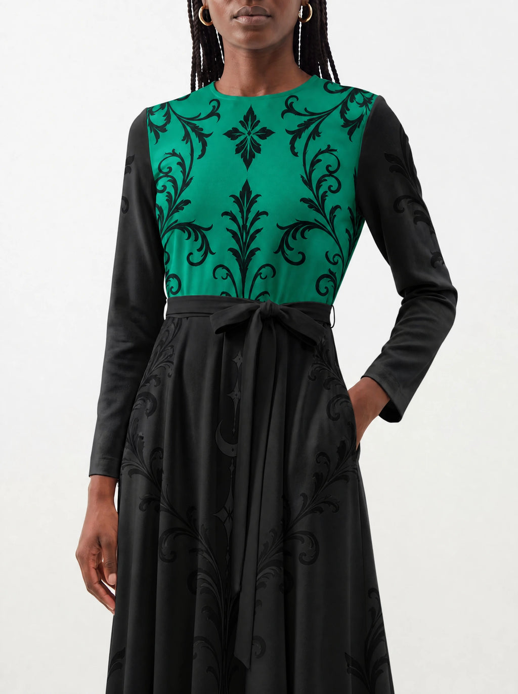 "Green Witch" Long Sleeve Midaxi Dress — standing, angled view on model