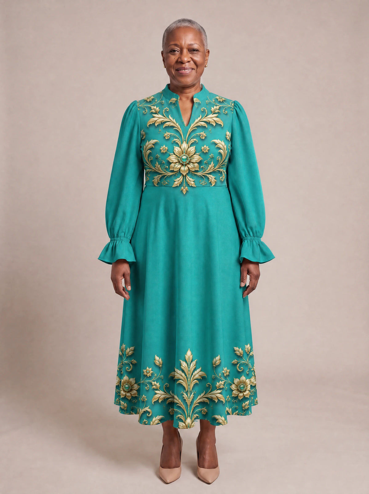 "Heshima" Long Puff Sleeve Dress — standing, angled view on model