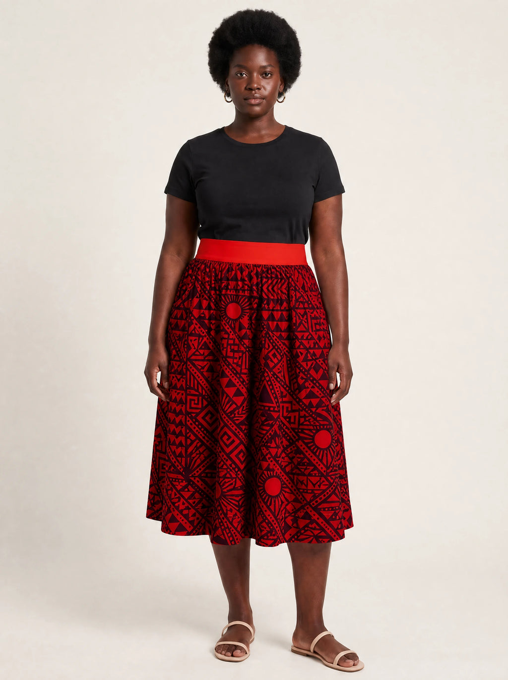 "Shaka Burgundy" Twirl Skirt — front view on model