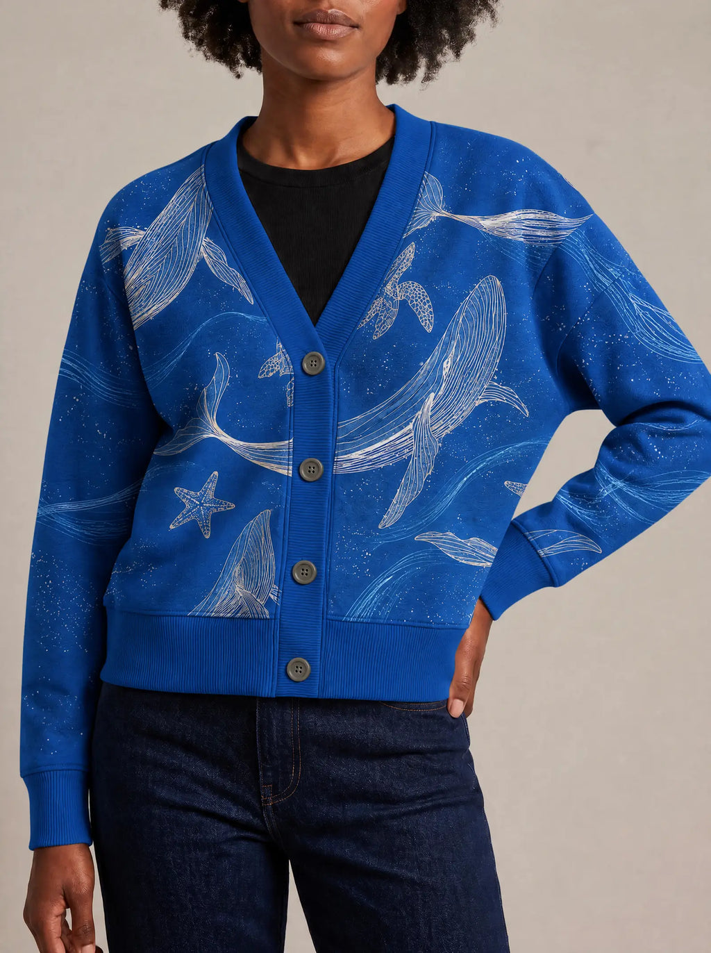"Pwani" Cardigan — close view of the V-neck, buttons and ribbed trims