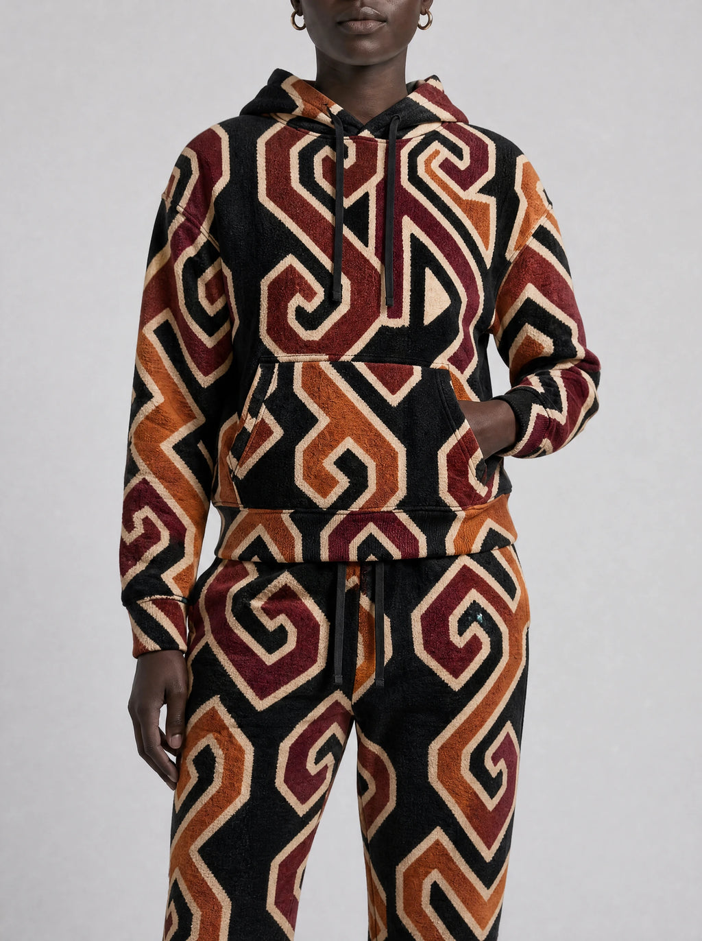 "Fundo" Black Wine Hoodie & Jogger Set — close view of the pocket, hem band and jogger waistband