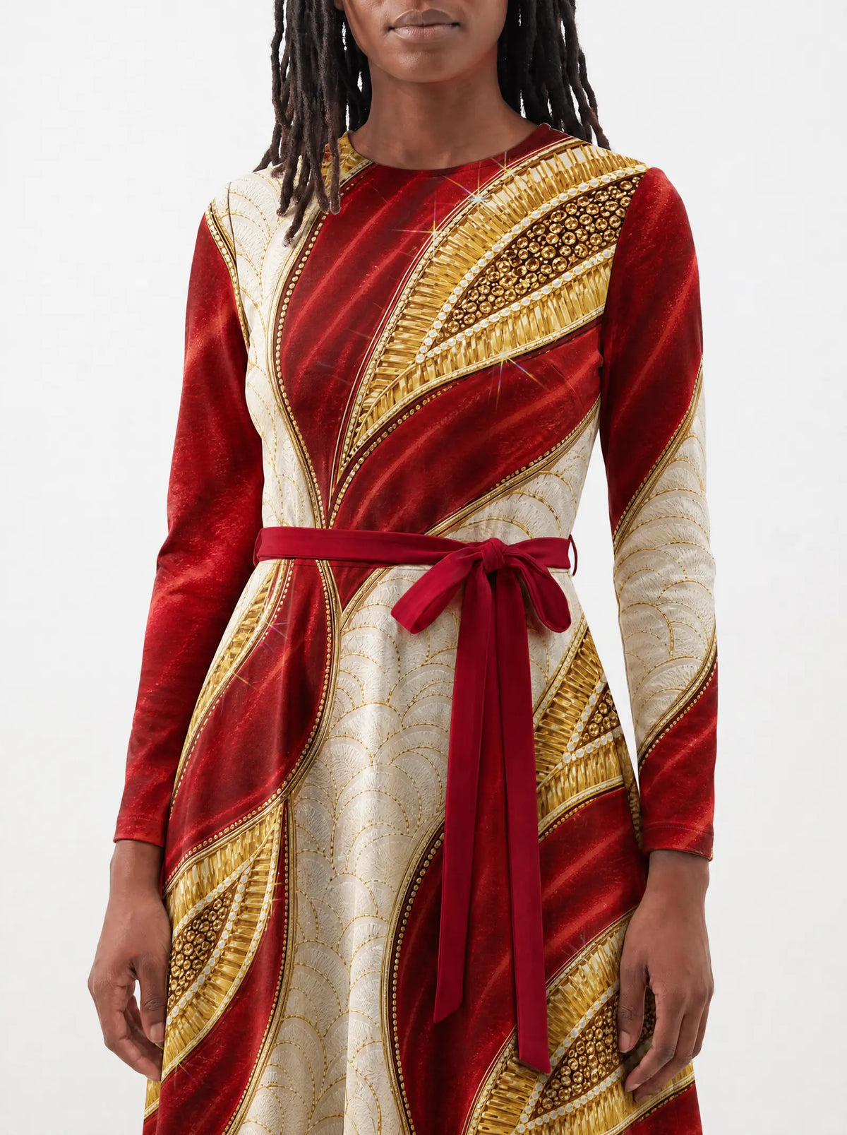 "Utukufu" Long Sleeve Midaxi Dress — standing, angled view on model