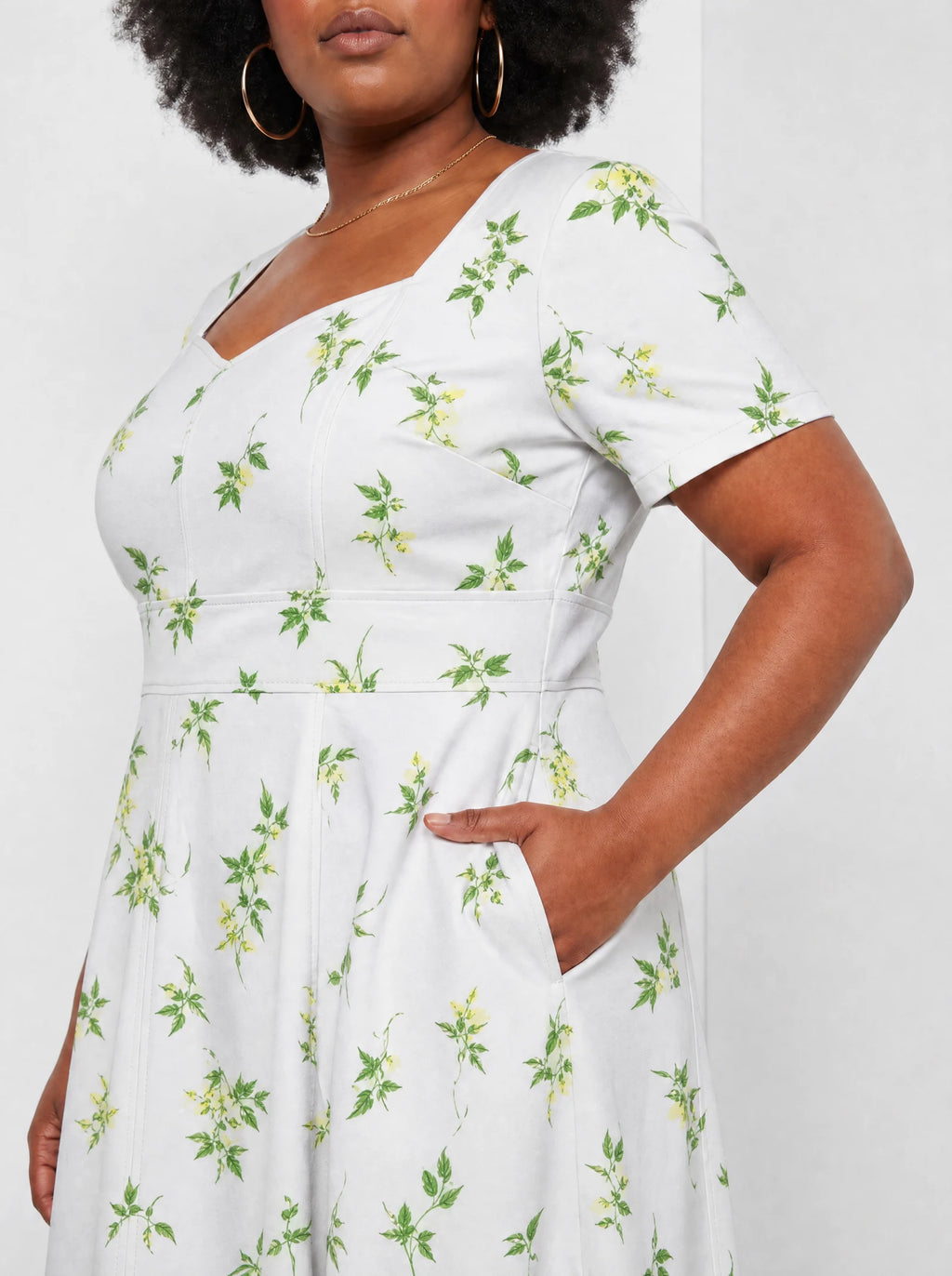 "Yasmini" Sweetheart Midi Dress — close-up of the bodice and the in-seam side pocket