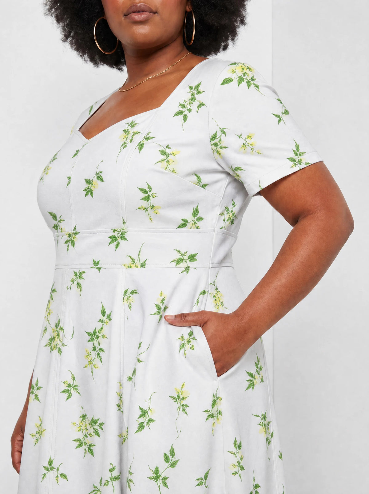 "Yasmini" Sweetheart Midi Dress — close-up of the bodice and the in-seam side pocket