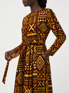 "Mudcloth" Viscose Midi Dress — close-up of the tie sash and the in-seam side pocket