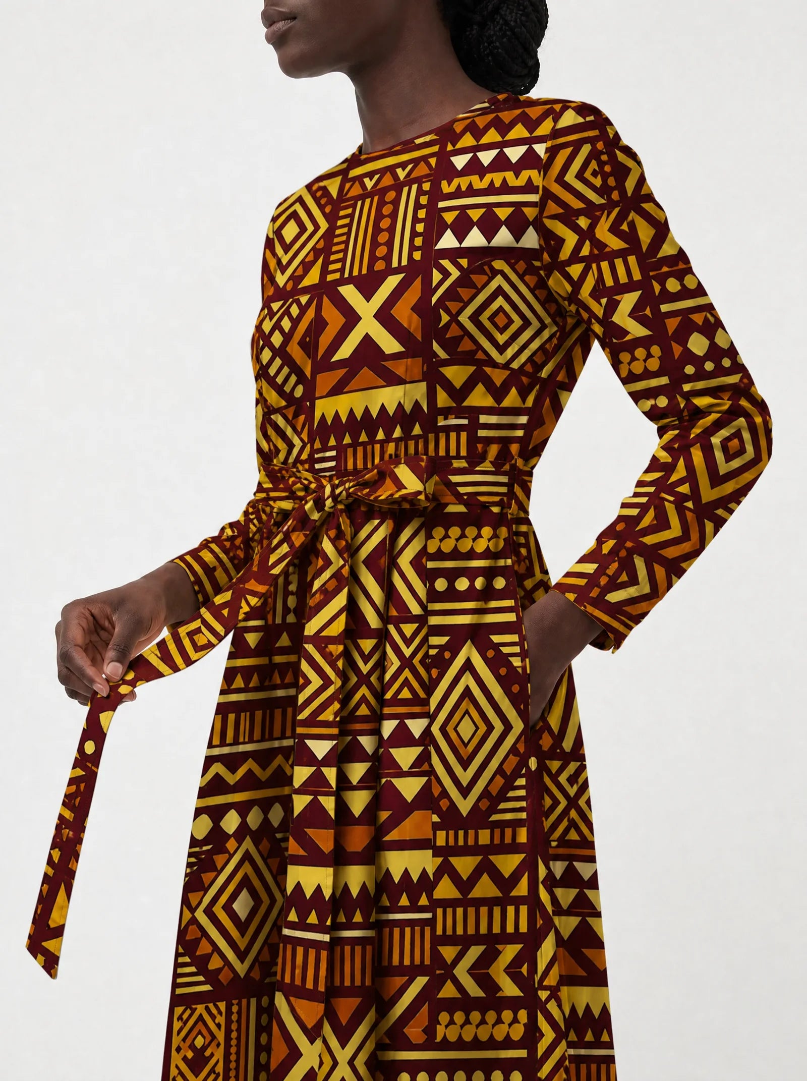 "Mudcloth" Viscose Midi Dress — close-up of the tie sash and the in-seam side pocket