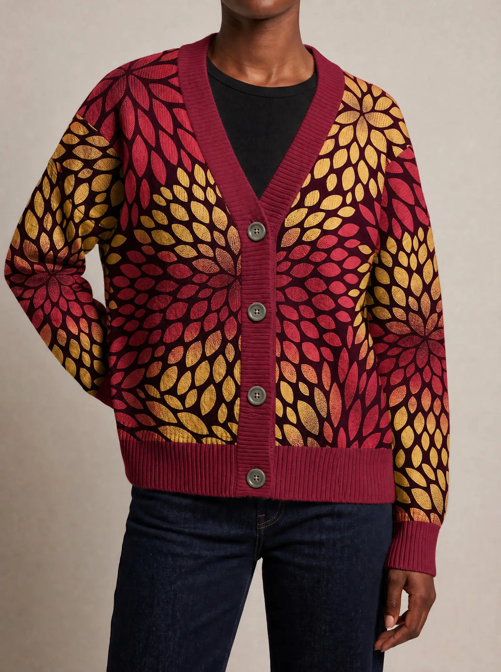 "Mavuno" Cardigan — close view of the V-neck, buttons and ribbed trims