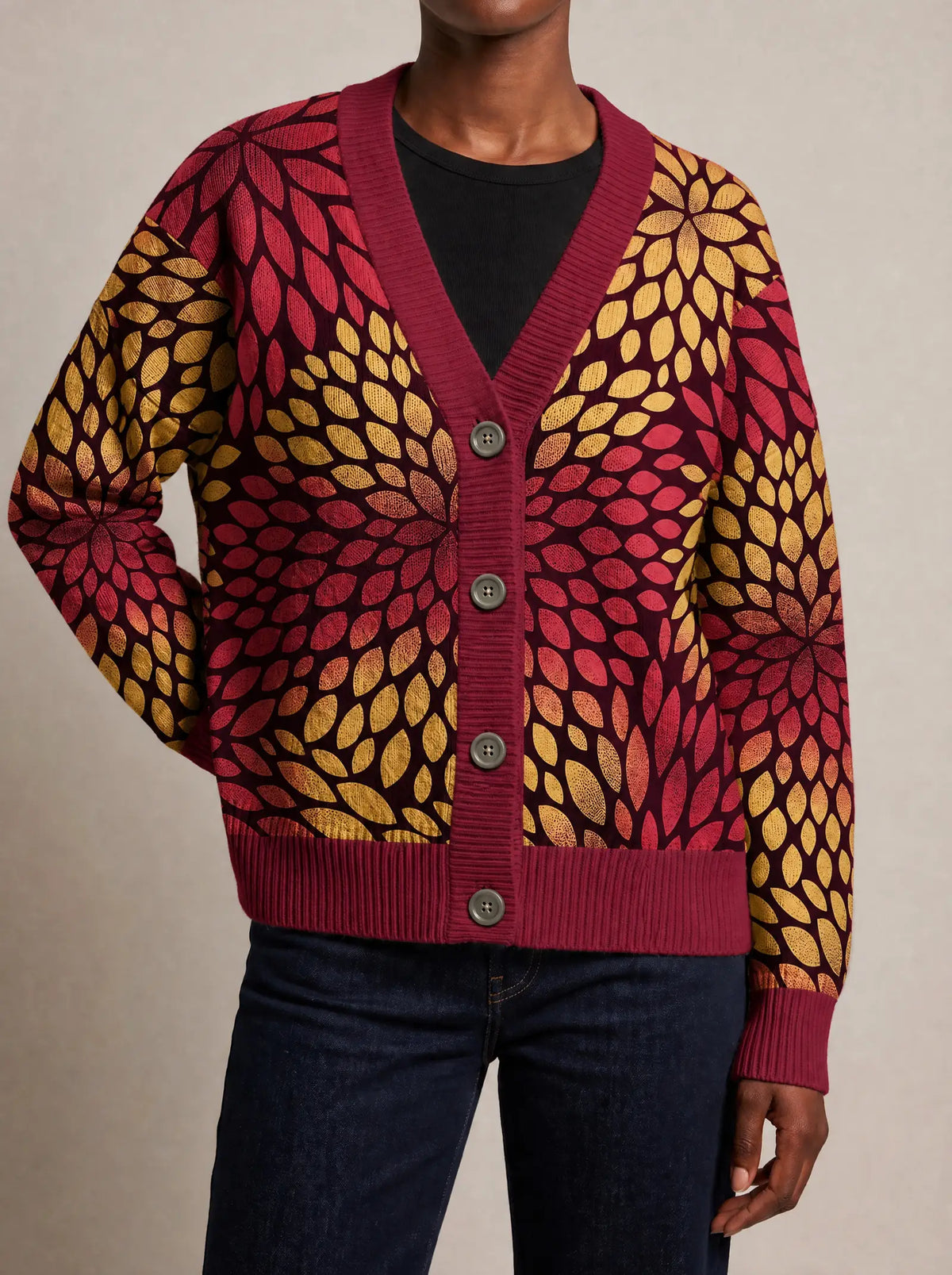 "Mavuno" Cardigan — close view of the V-neck, buttons and ribbed trims