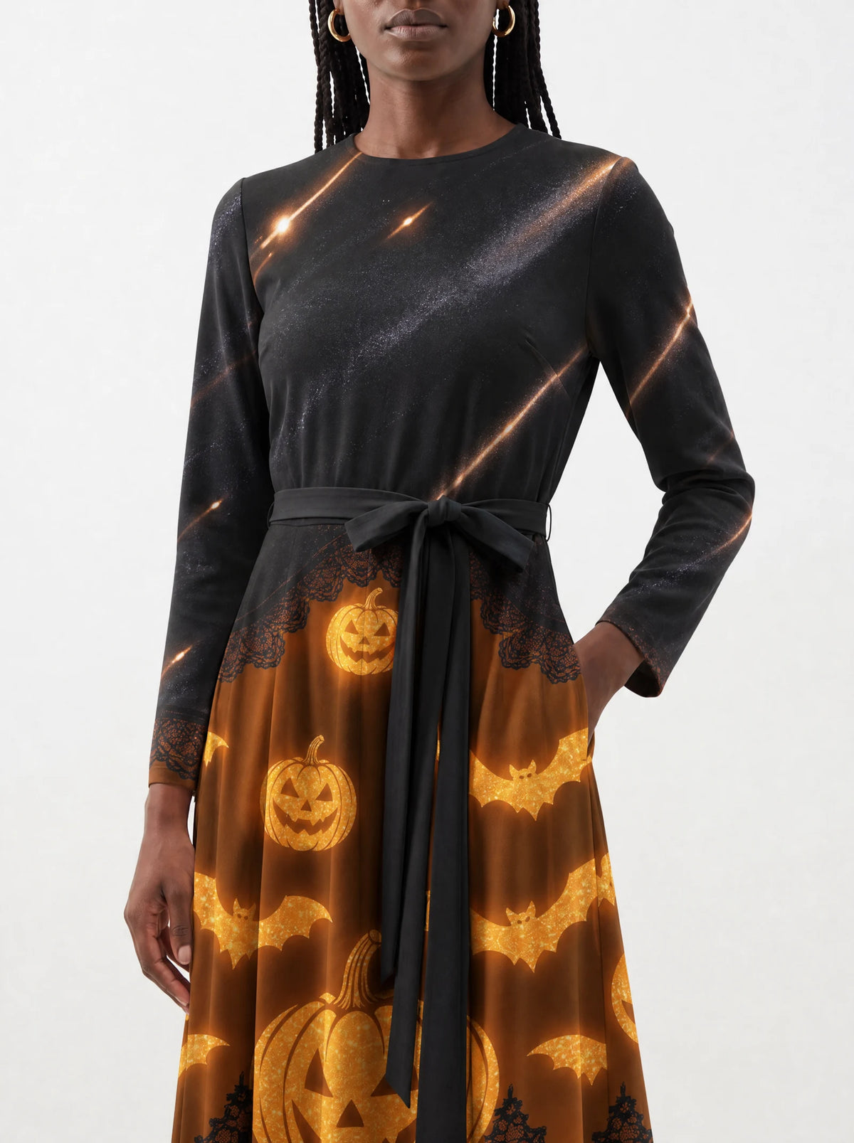 "Mwako" Halloween Long Sleeve Midaxi Dress — standing, angled view on model