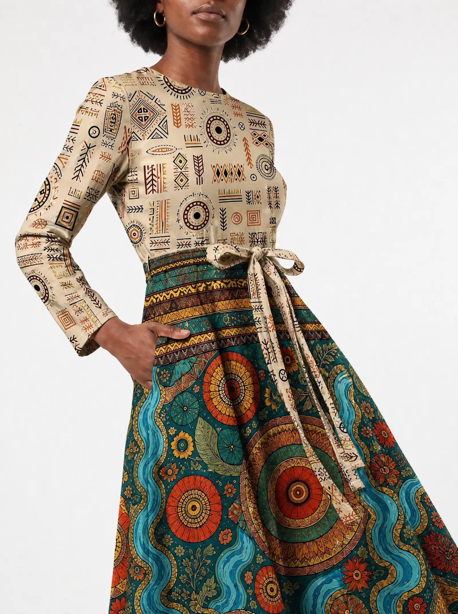 "Mto" Viscose Midi Dress — close-up of the tie sash and the in-seam side pocket