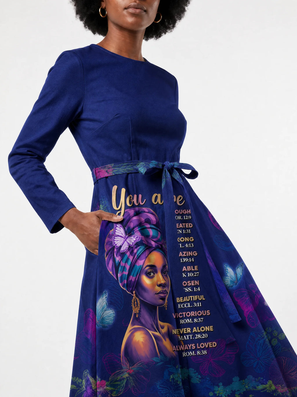 "Blue Orchid" Long Sleeve Midaxi Dress — standing, angled view on model
