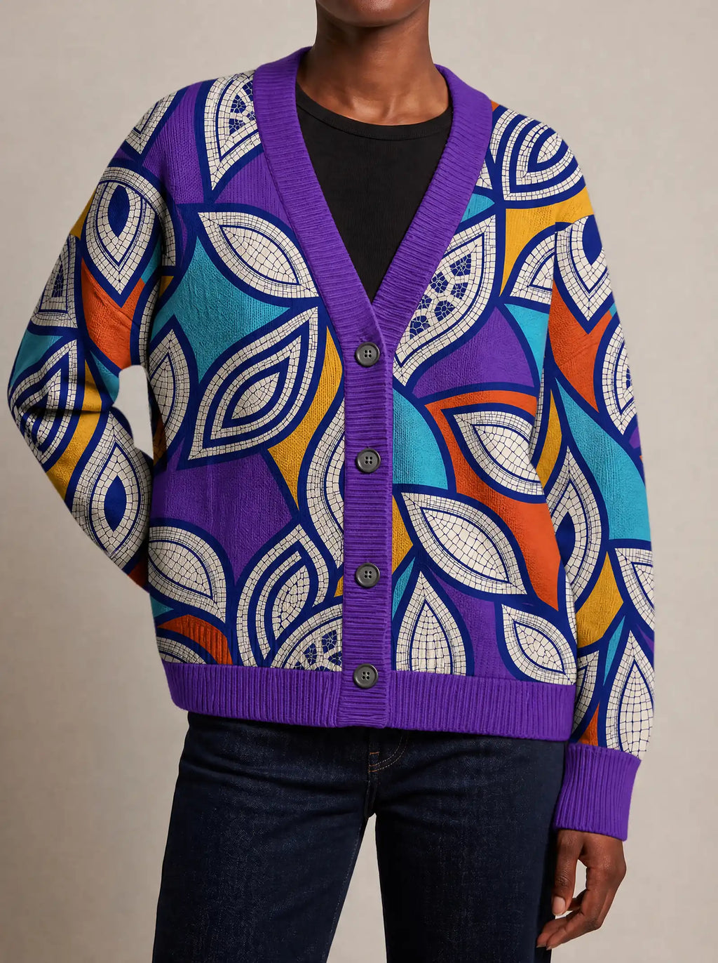 "Johari" Cardigan — close view of the V-neck, buttons and ribbed trims