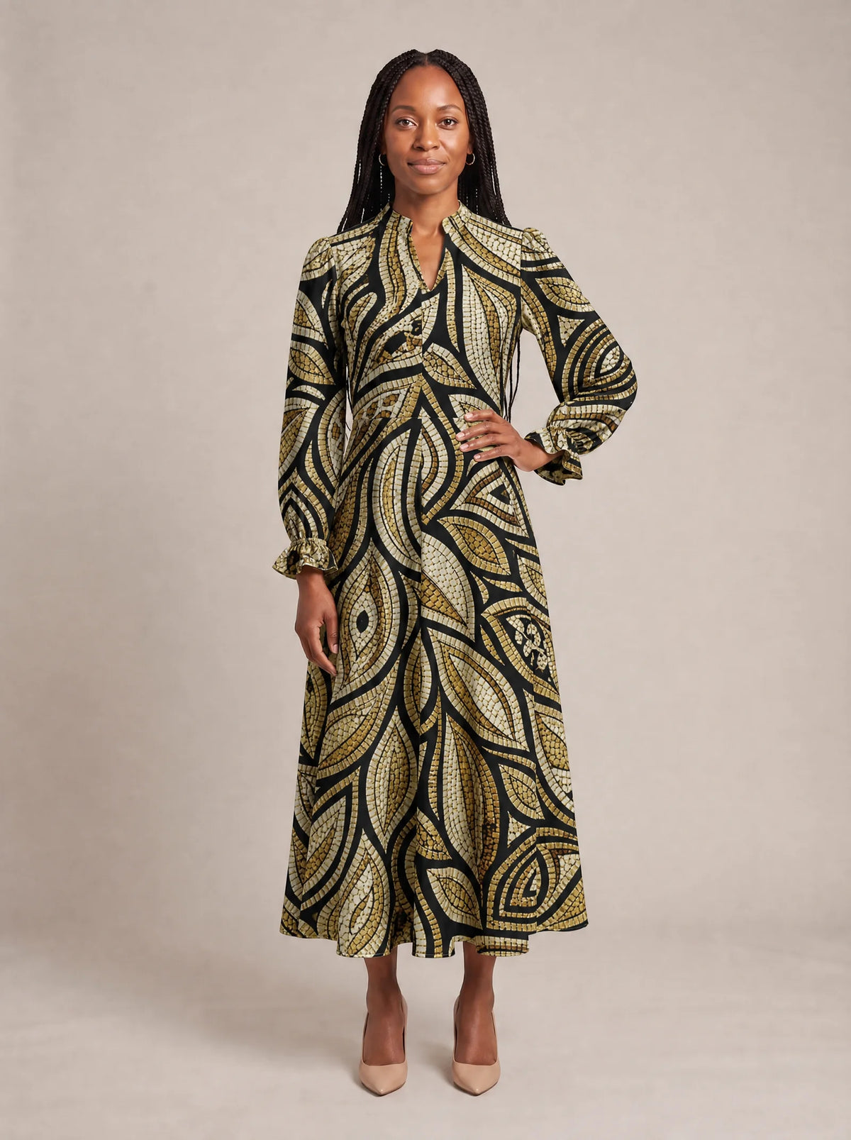 "Ashanti" Long Puff Sleeve Dress — standing, angled view on model