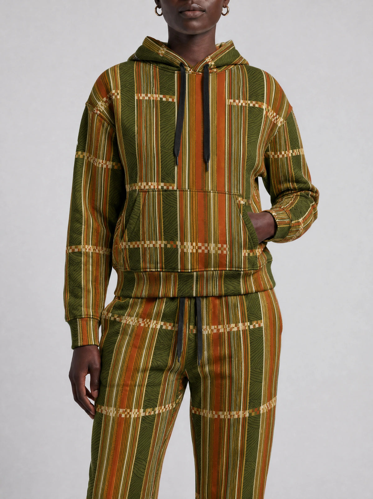 "Safu" Olive Gold Hoodie & Jogger Set — close view of the pocket, hem band and jogger waistband