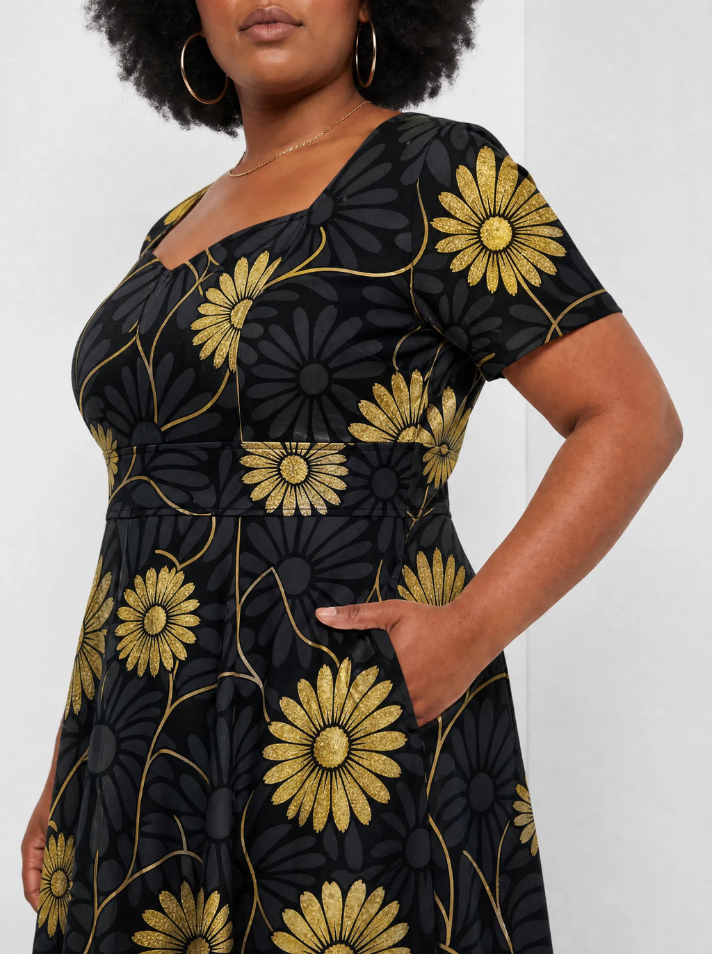 "Mulika" Sweetheart Midi Dress — close-up of the bodice and the in-seam side pocket
