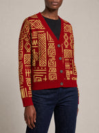 "Alama" Cardigan — close view of the V-neck, buttons and ribbed trims