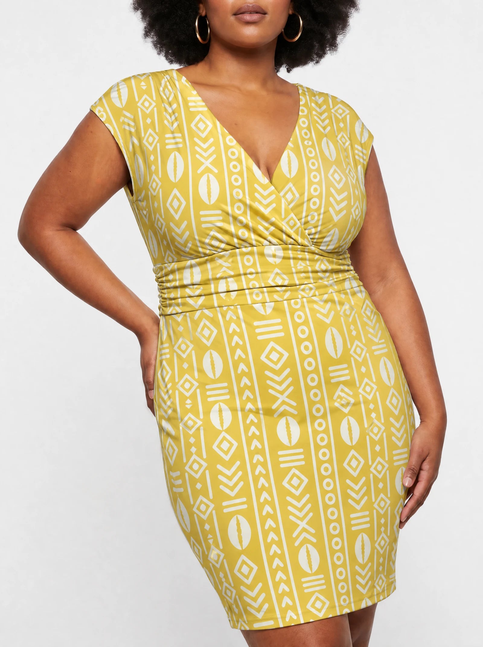 "Oshun Dhahabu" Cap Sleeve Midi Dress — close-up of the ruched waistband