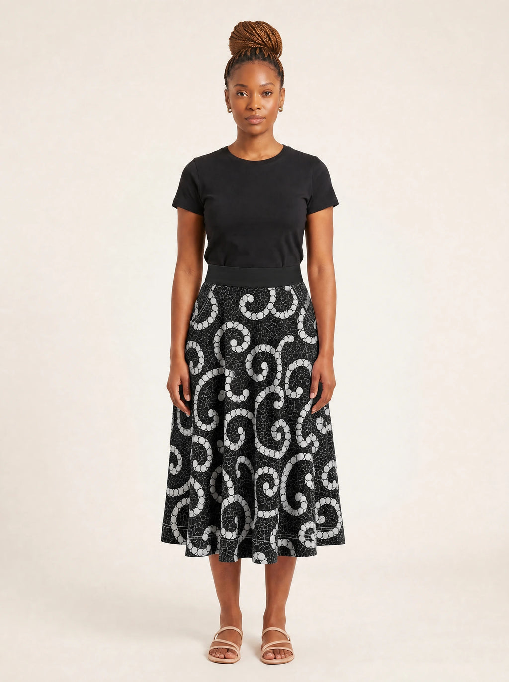 "Duara" Twirl Skirt — front view on model