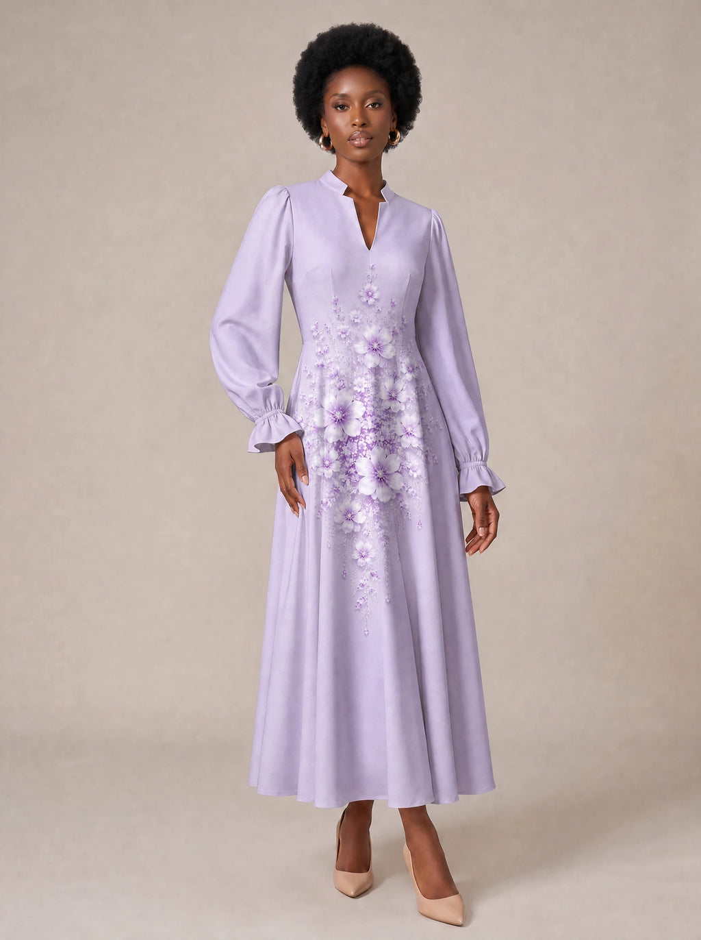 "Zambarau" Long Puff Sleeve Dress — standing, angled view on model