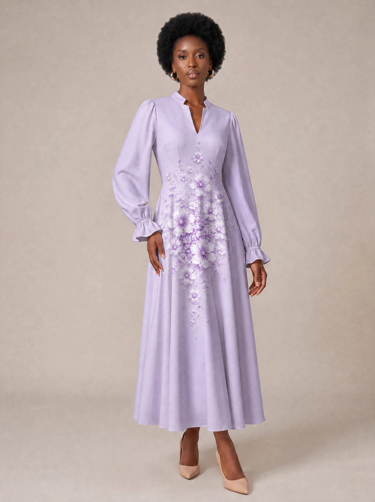 "Zambarau" Long Puff Sleeve Dress — standing, angled view on model