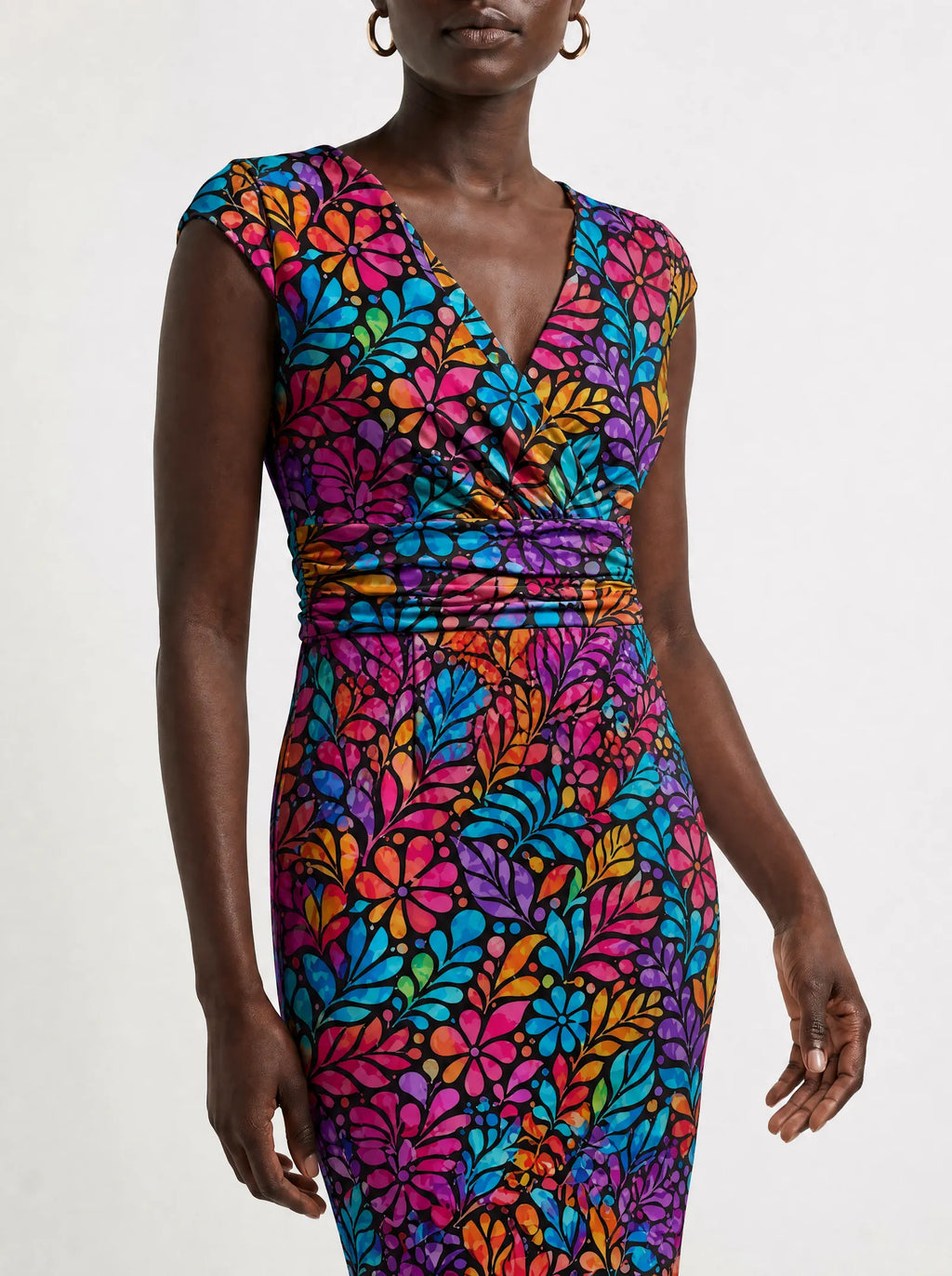 "Rangi" Cap Sleeve Midi Dress — close-up of the ruched waistband