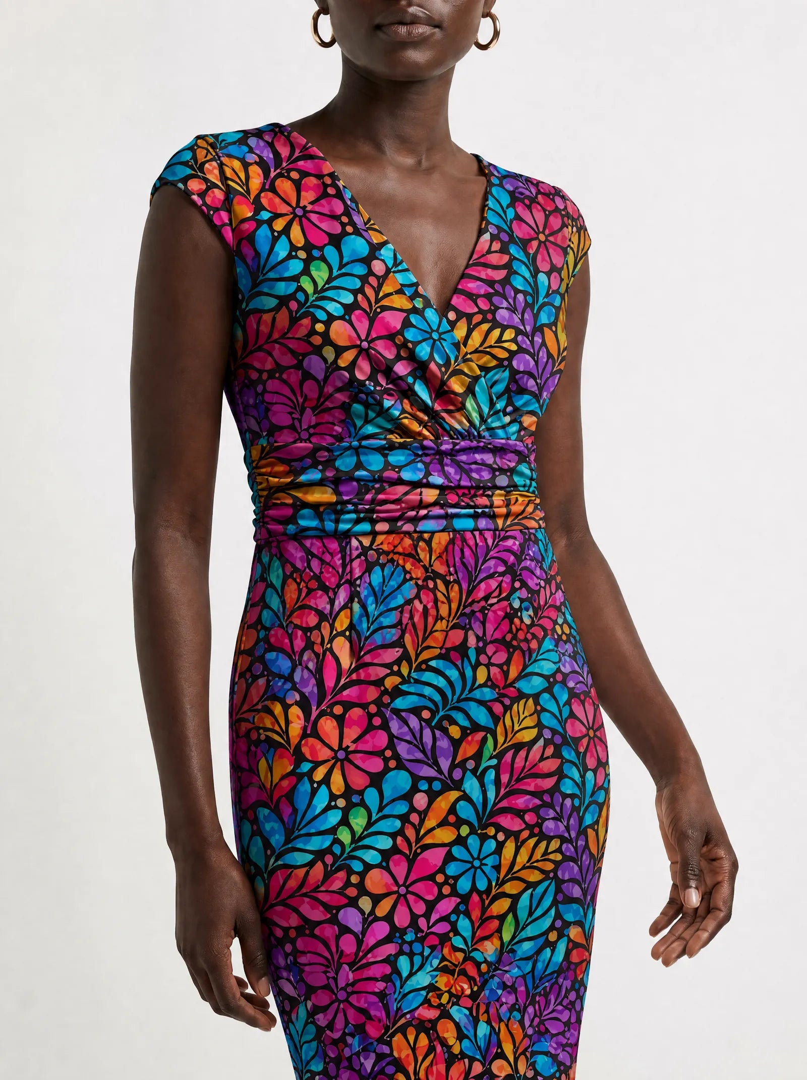 "Rangi" Cap Sleeve Midi Dress — close-up of the ruched waistband