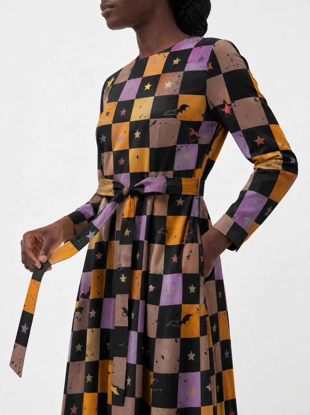 "Kimondo" Halloween Long Sleeve Midaxi Dress — standing, angled view on model