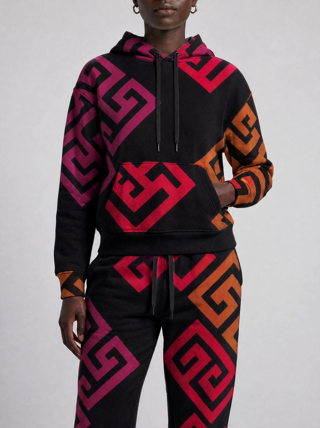 "Kiungo" Black Berry Hoodie & Jogger Set — close view of the pocket, hem band and jogger waistband