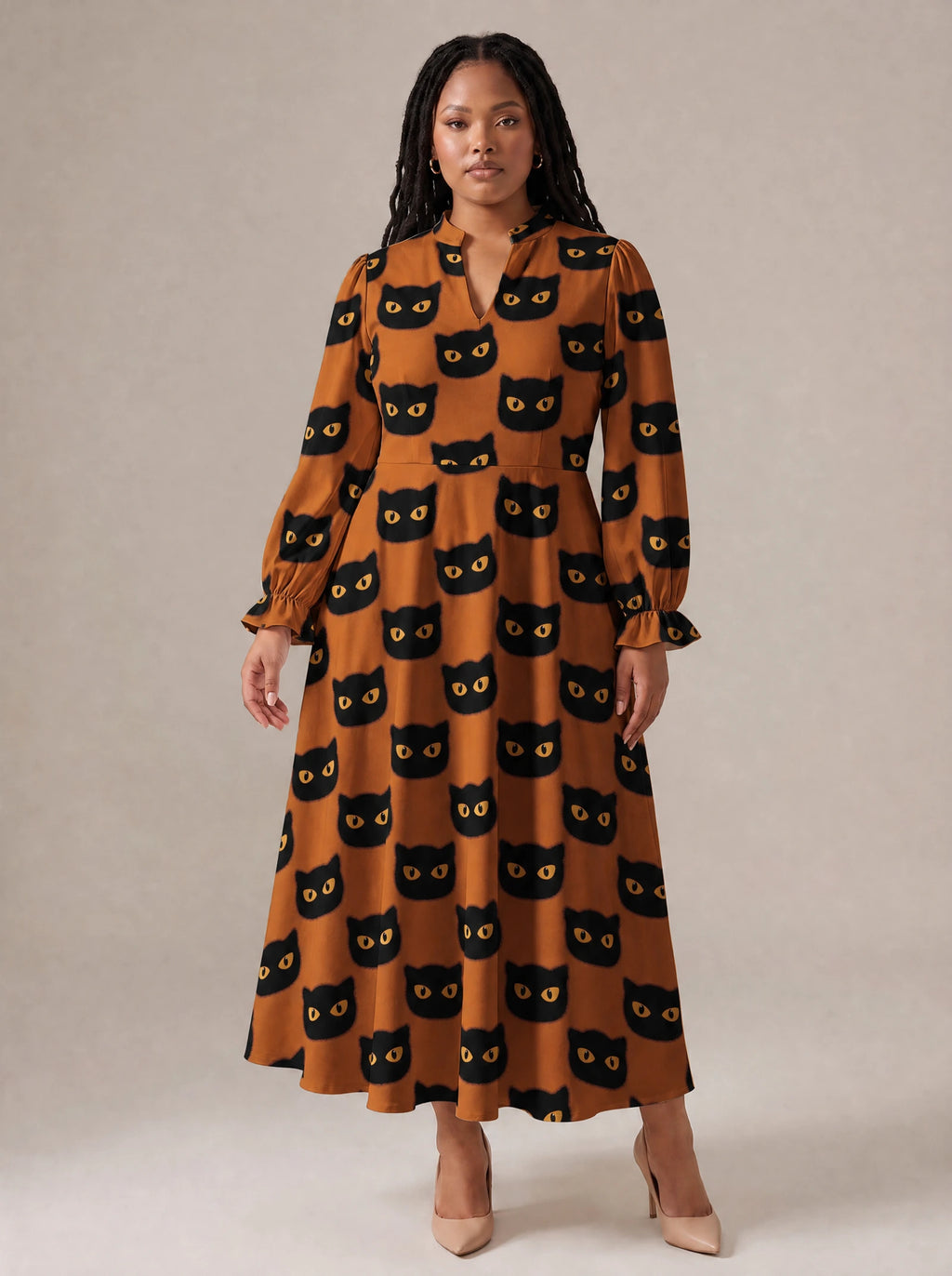 "Paka" Halloween Long Puff Sleeve Dress — standing, angled view on model