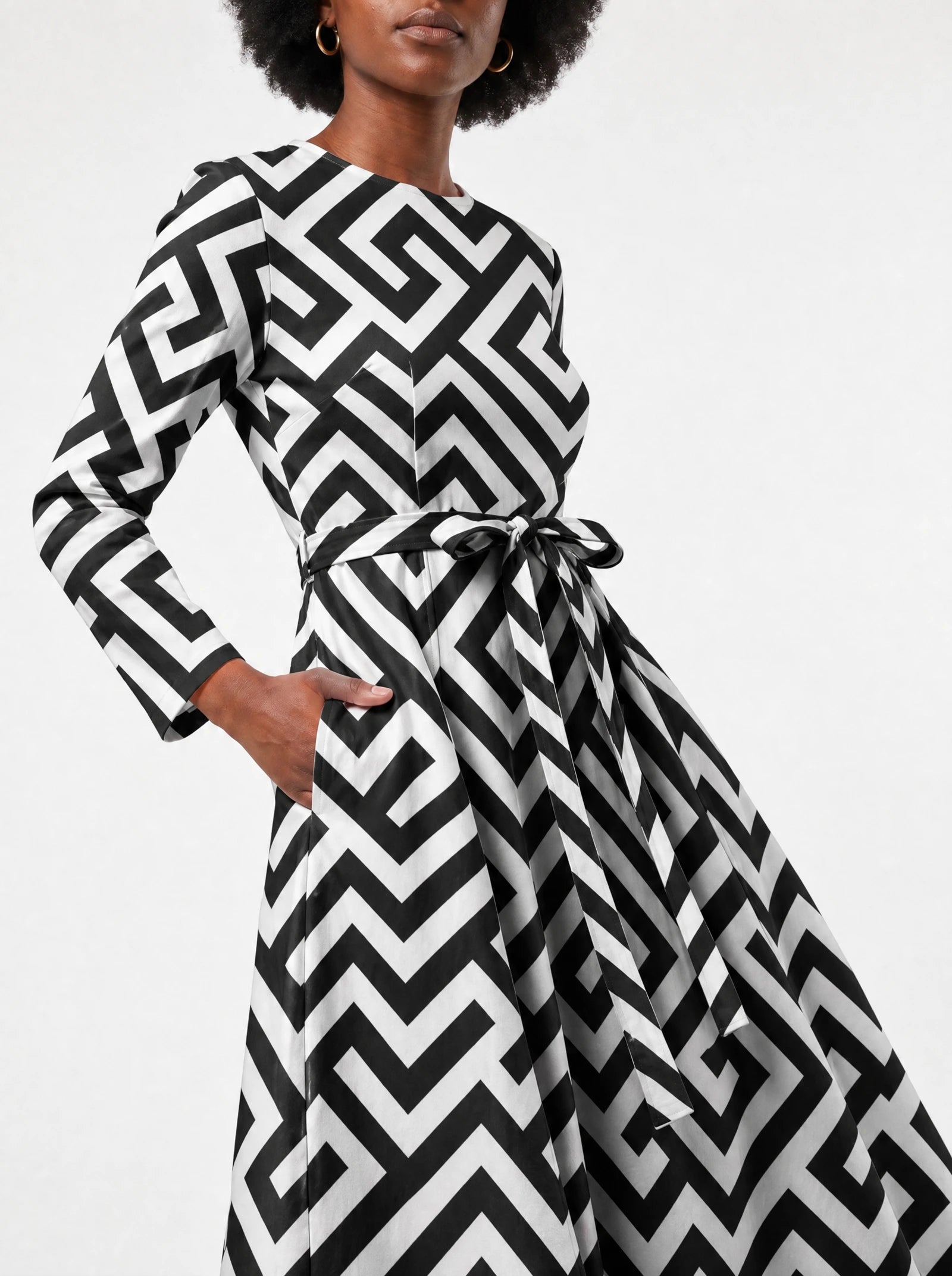 "Zamu" Viscose Midi Dress — close-up of the tie sash and the in-seam side pocket